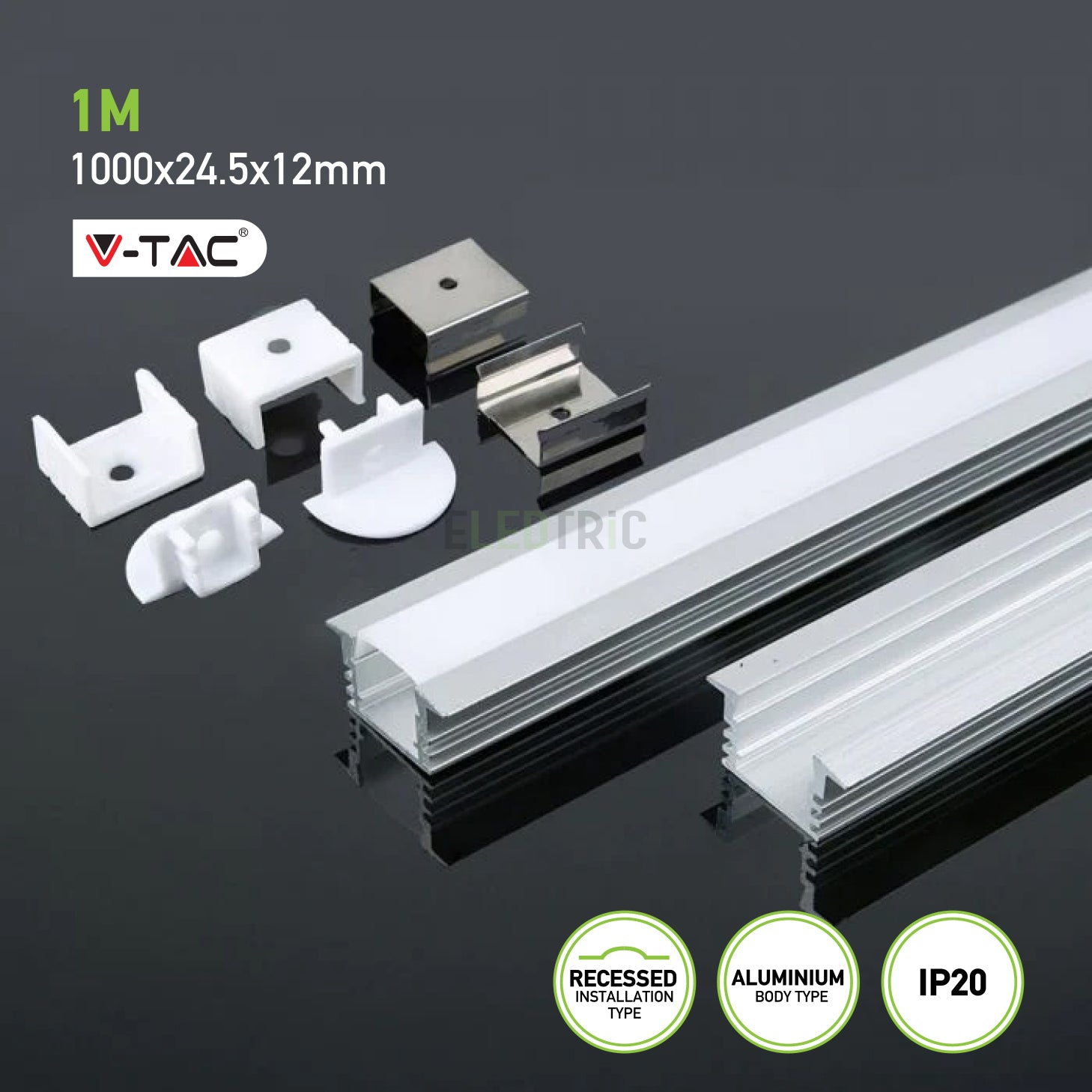 Aluminium Profile Mounting Kit with Diffuser for LED Strip Recessed 2000X24.5X12.2mm SILVER
