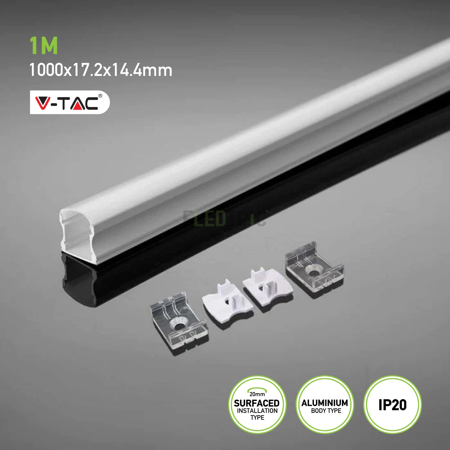 Aluminium Profile Mounting Kit with Diffuser for LED Strip PCB 20mm Surface 2000x17.2x14.4mm