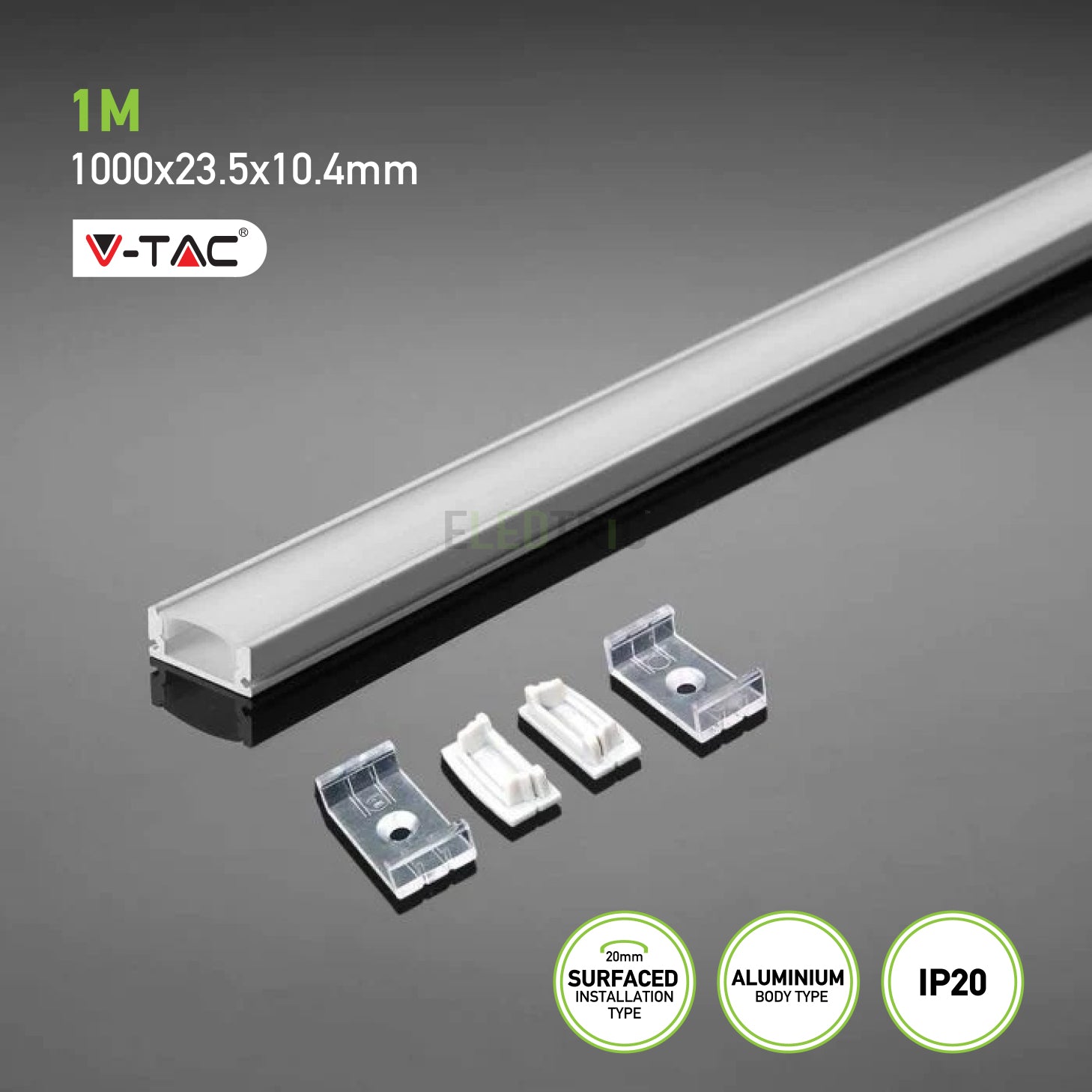 Aluminium Profile Mounting Kit with Diffuser for LED Strip PCB 20mm Surface 2000x23.5x10.4mm