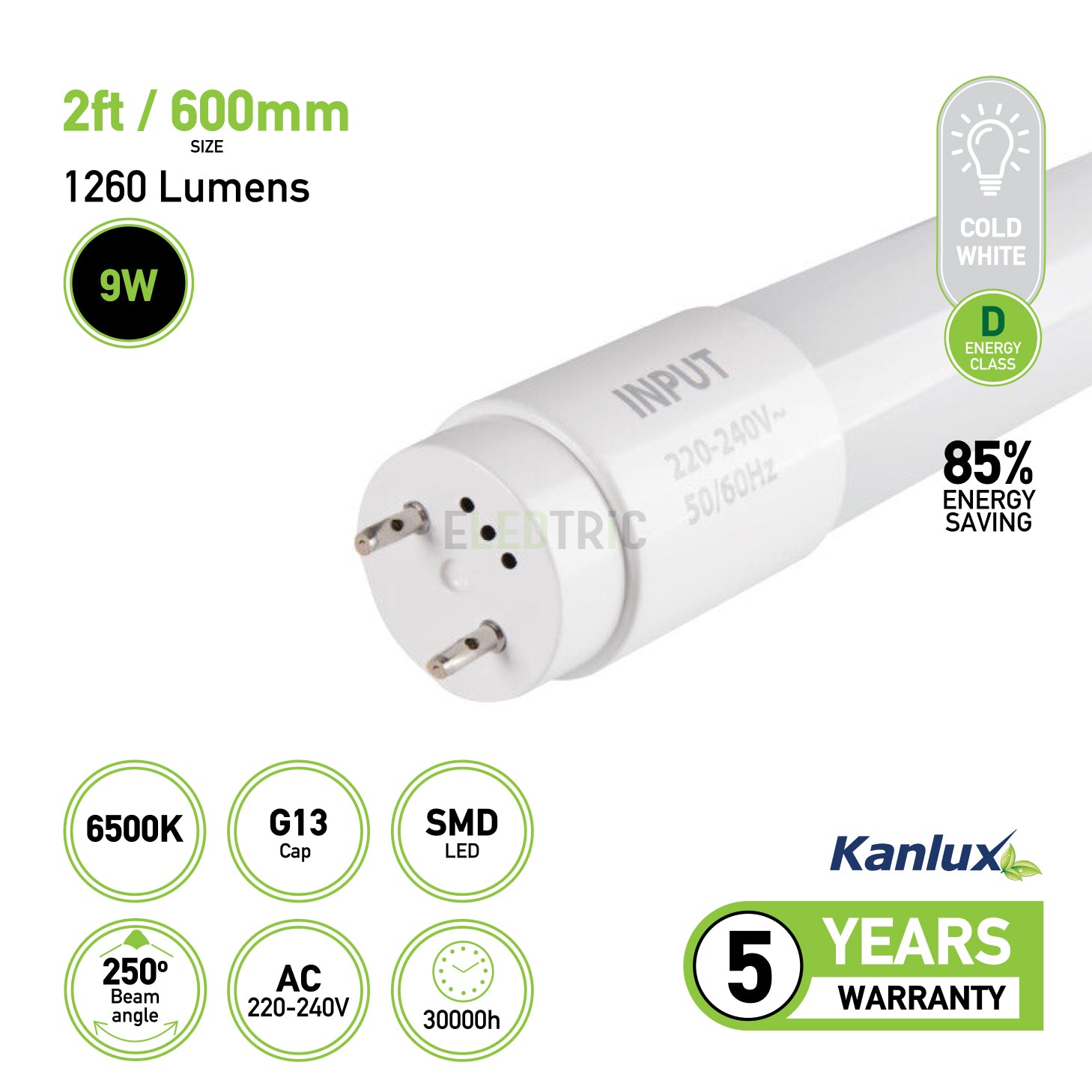 2FT (600mm) 9W T8 LED Light Source - CW Glass Tubes