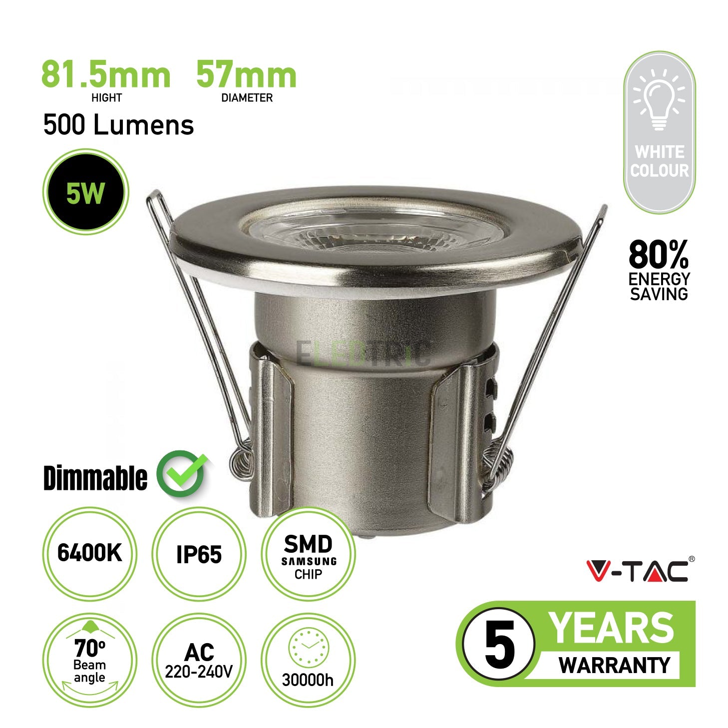 LED Fire Rated Dimmable Downlight with Antiglare Lens Satin Nickle Body Color