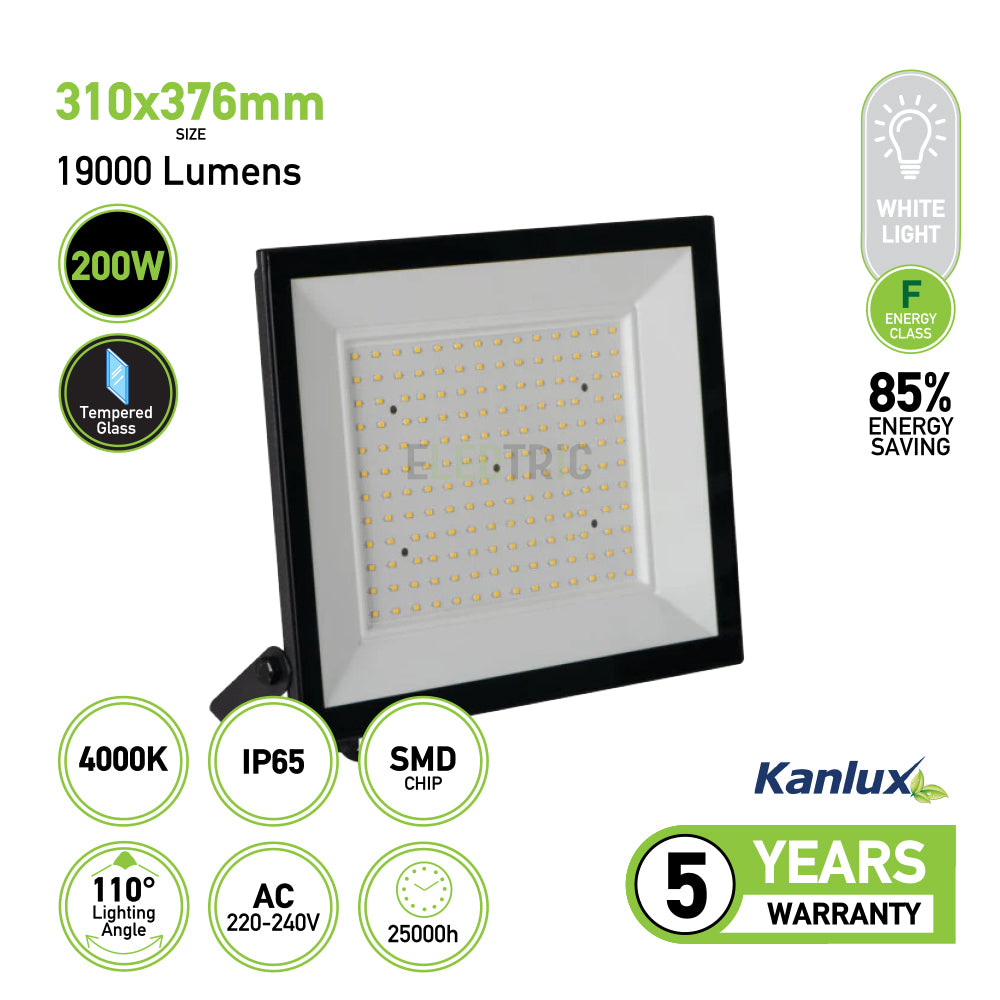 200W LED Floodlight Outdoor IP65 Waterproof - 19,000 Lumens, Black, 4000K Neutral White