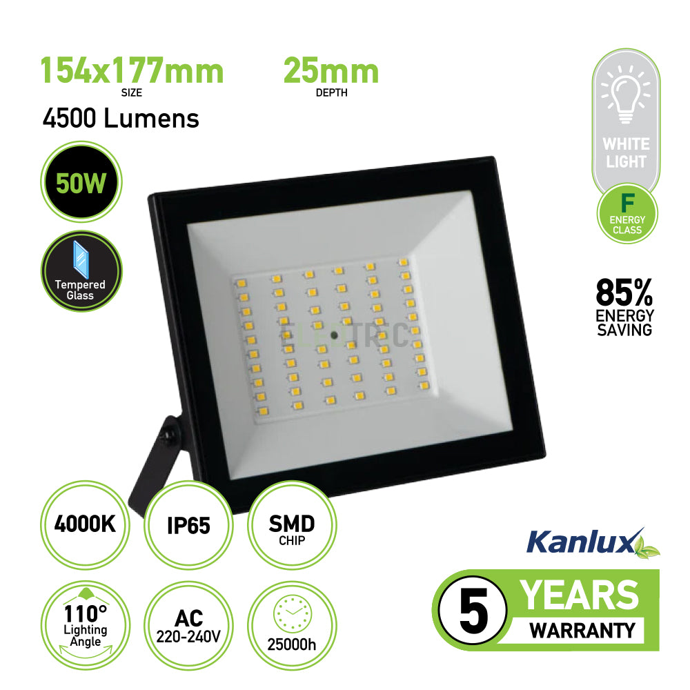 50W Outdoor LED Floodlight IP65 Waterproof Slimline - Black, 4500 Lumens, Neutral White