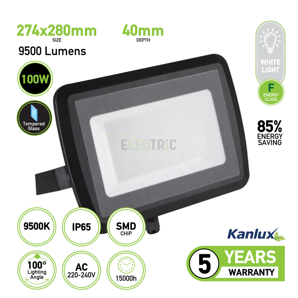 100W LED floodlight, IP65, 4000K, Black body, 9500LM