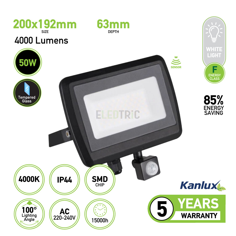 50W LED Security Light Outdoor with Motion Sensor - Black, 4000 Lumens, IP44 Waterproof