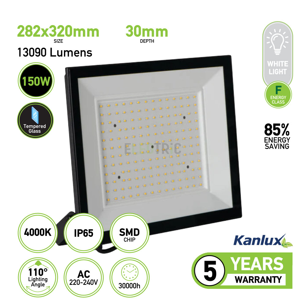 150W Outdoor LED Floodlight IP65 Waterproof - Black, 14,250 Lumens, Neutral White