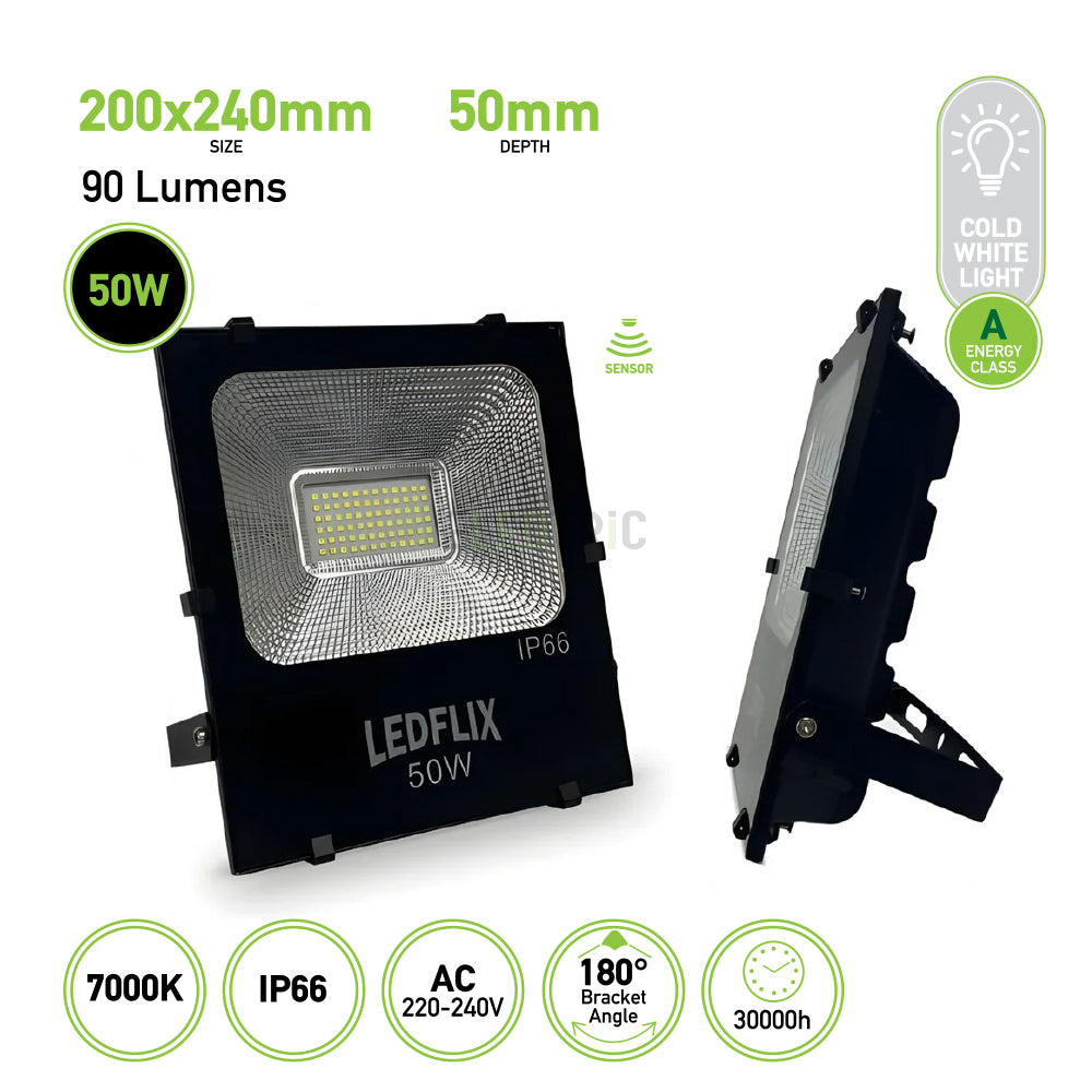 LED Floodlights IP66, 50W with Cold White with sensor