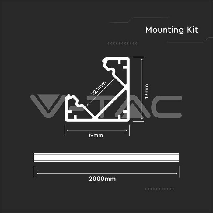 LED Strip Mounting Kit With Diffuser Aluminum 2000 x 19 x 19mm Milky