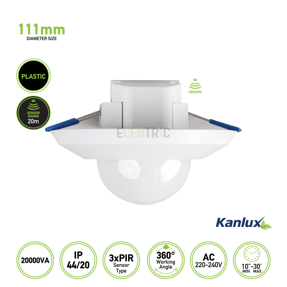 360° Ceiling Presence Sensor Switch - High Sensitivity 3x PIR Detectors, 2000W, White/Black
