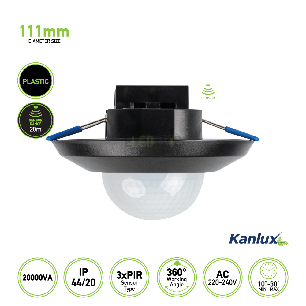 360° Ceiling Presence Sensor Switch - High Sensitivity 3x PIR Detectors, 2000W, White/Black