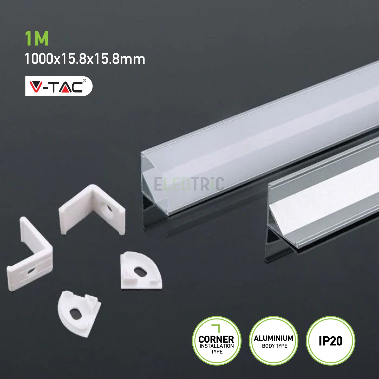 Aluminium Profile Mounting Kit with Diffuser for LED Strip Corner 2000X15.8X15.8mm SILVER