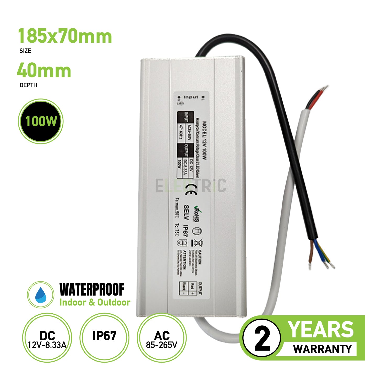 Waterproof IP67 12v Electronic LED Driver 100w For LED Lighting