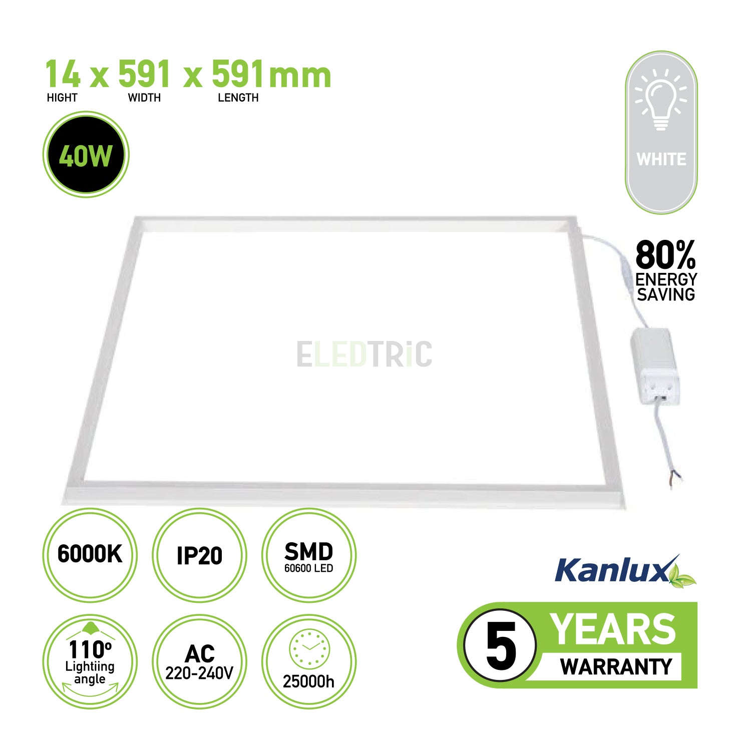 Kanlux AVAR 600x600mm LED Square Frame Panel – 40W Neutral White (4000K)