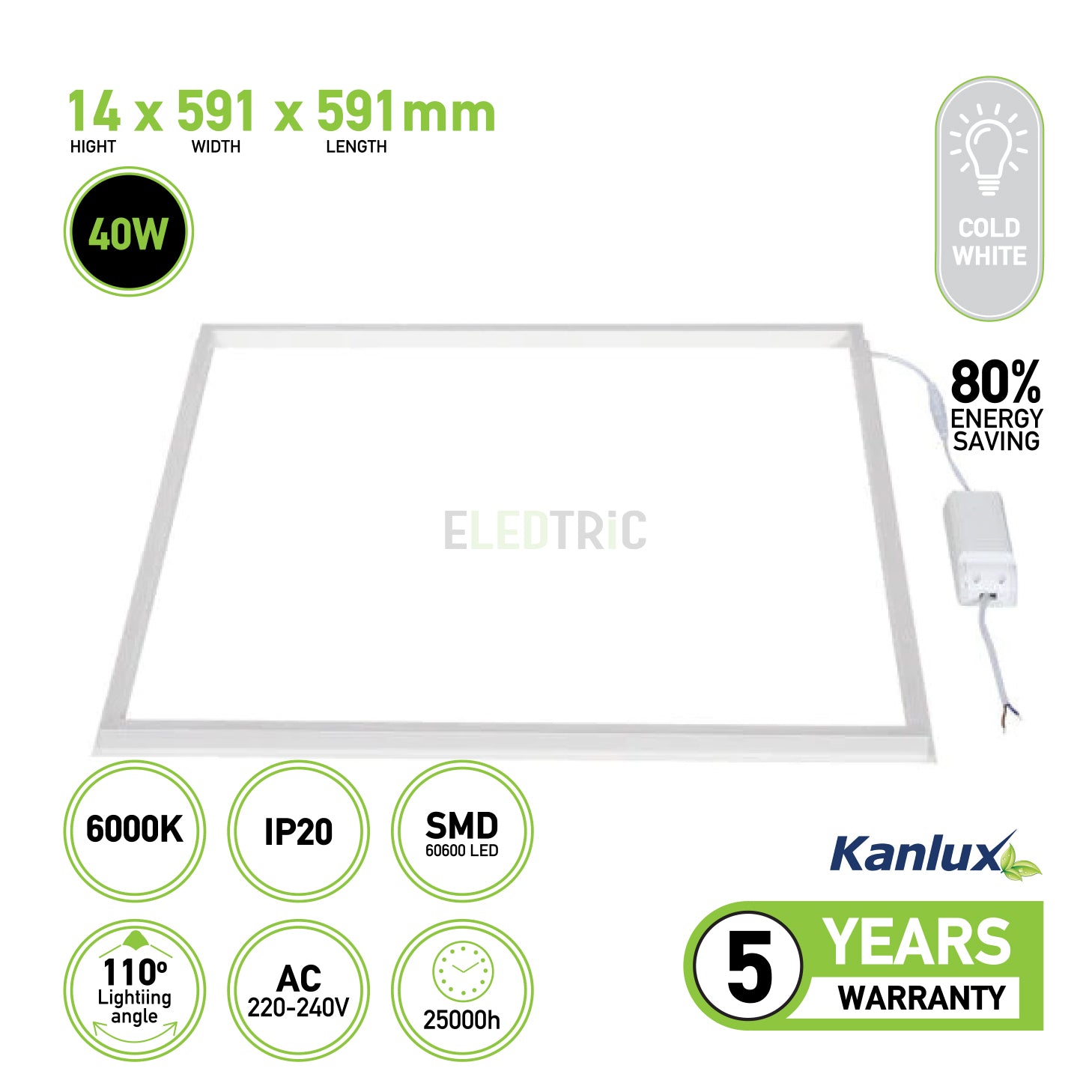 LED Backlit Ceiling Frame Panel 600x600mm 40W Cool White - Kanlux AVAR 6060