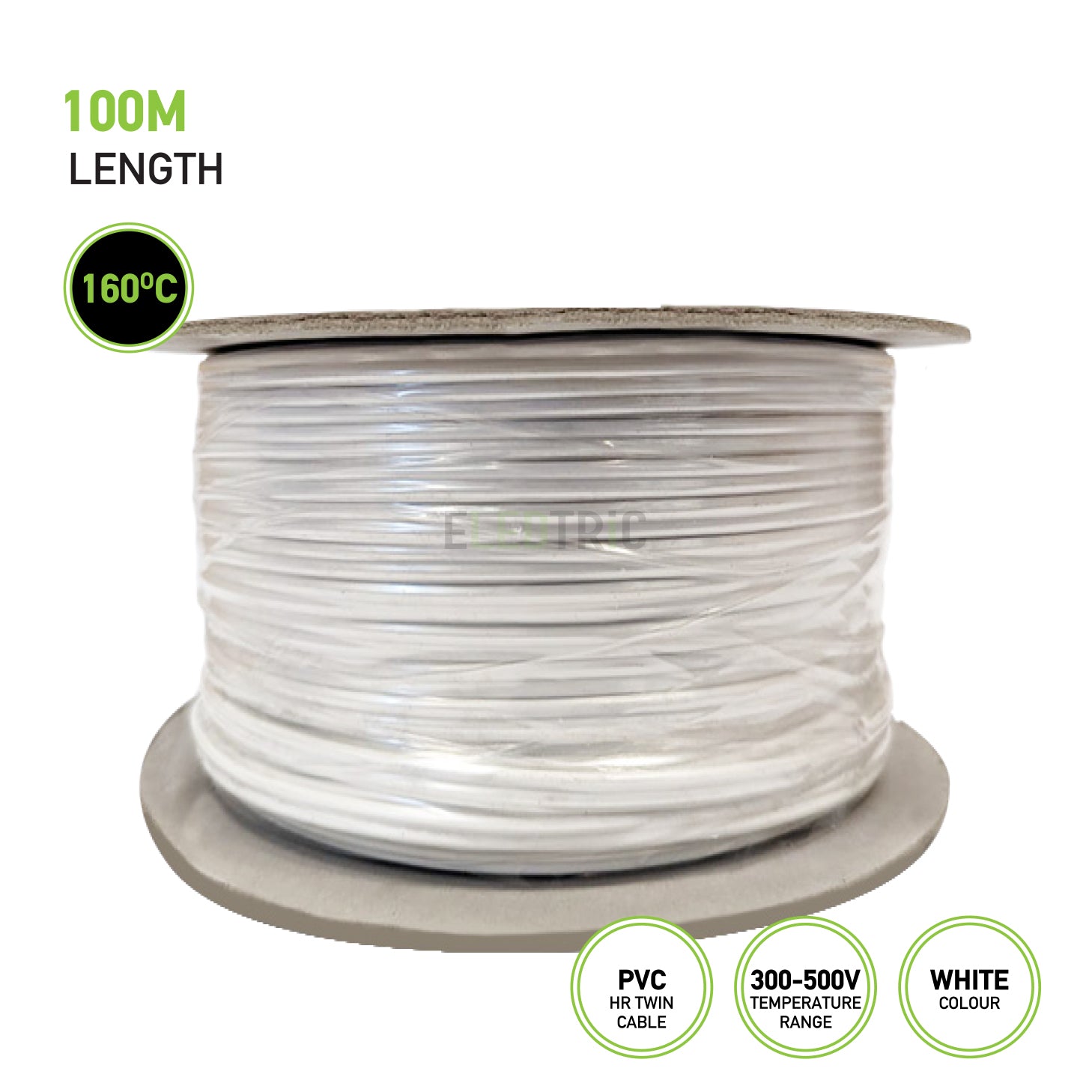 100m Premium Heat Resistant Twin Cable - White PVC Internal Wiring