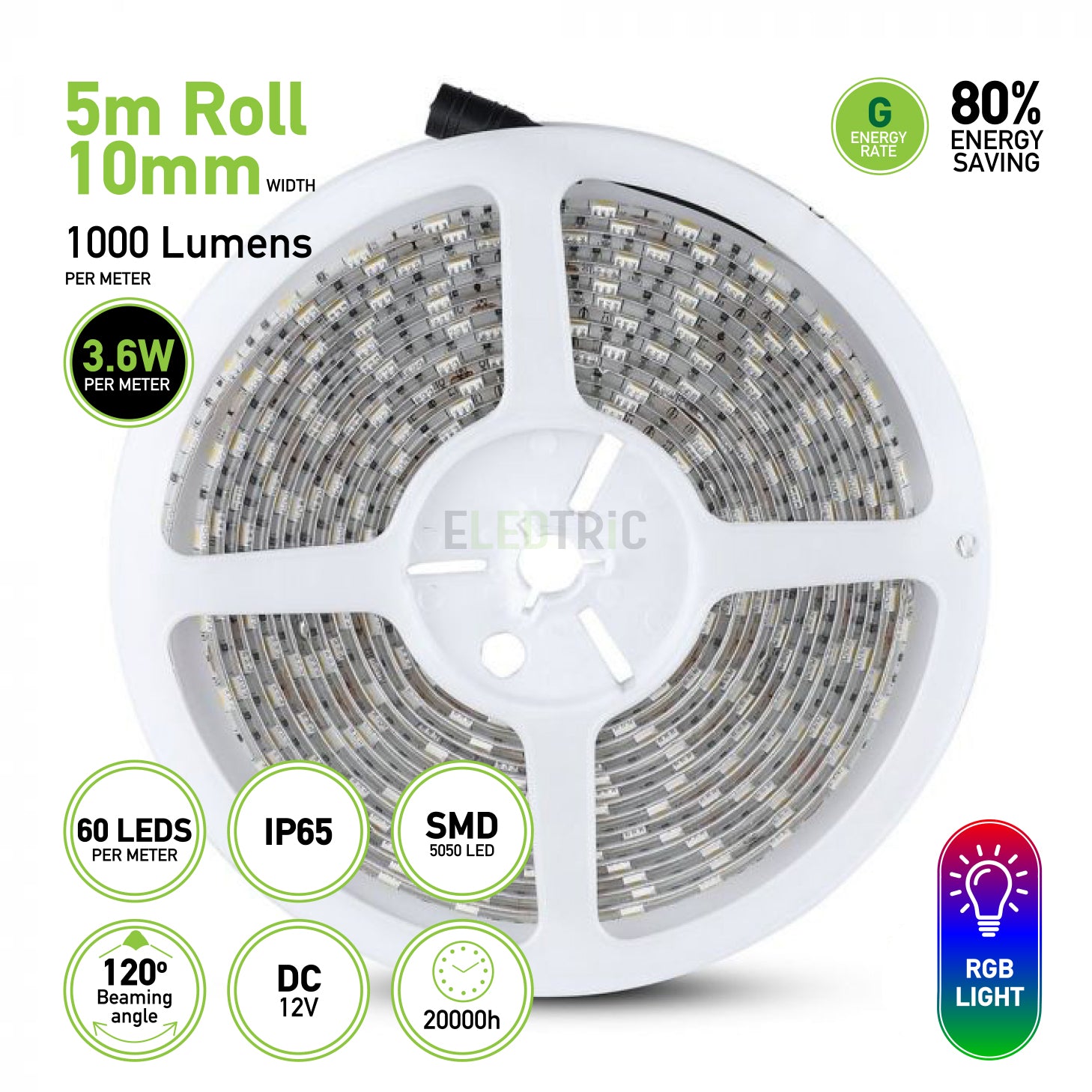 V-TAC IP65 SMD 5050 LED Strip Light 5m Roll | RGB | White (6400K)