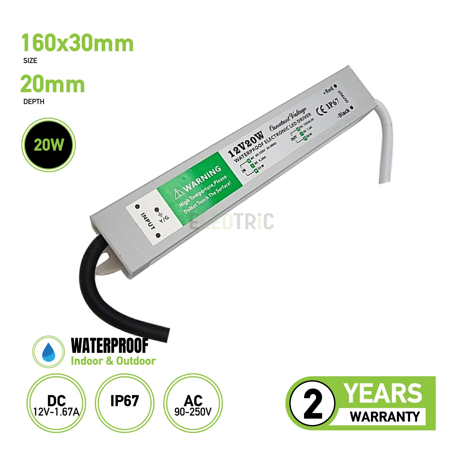 Waterproof IP67 12v Electronic LED Driver 20w