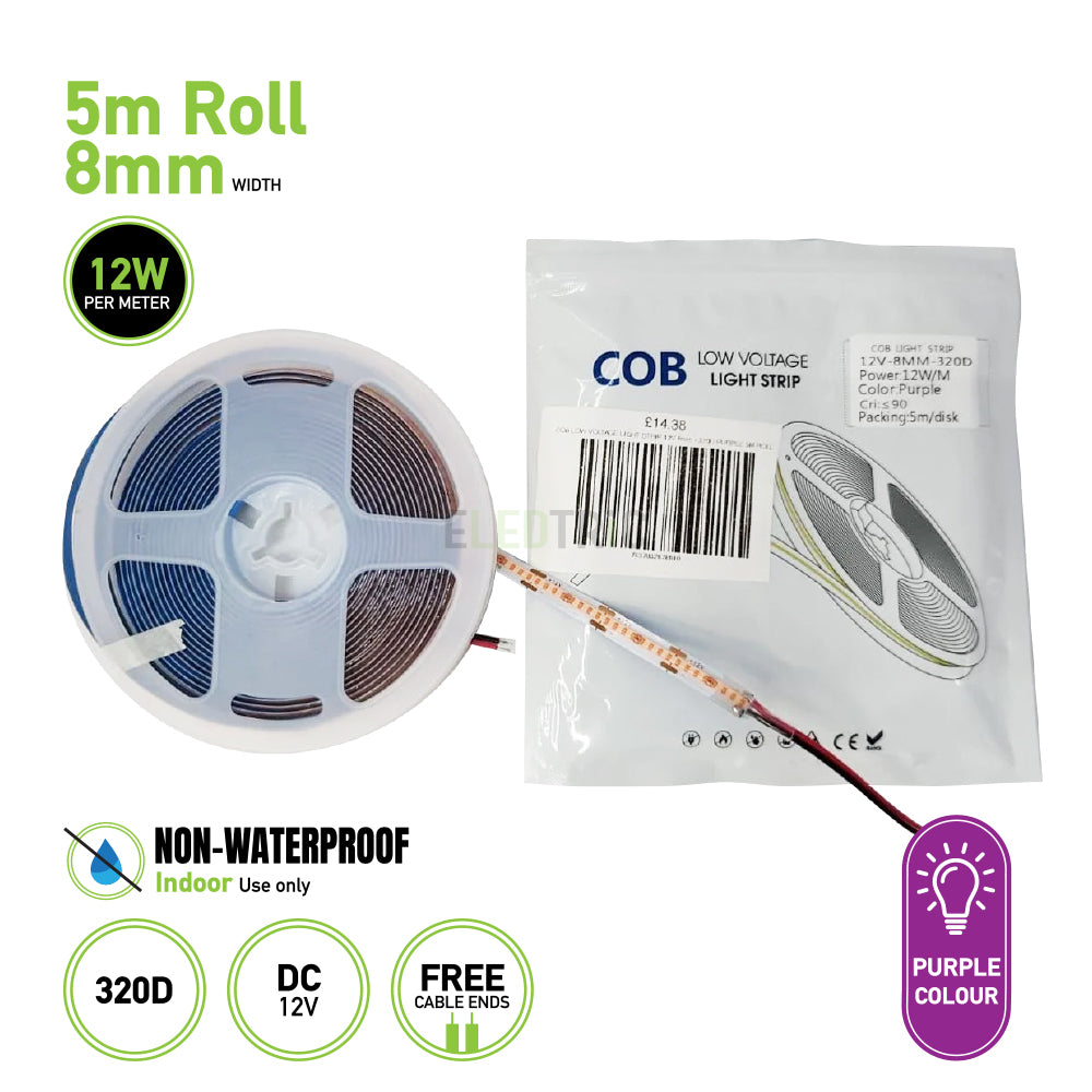 5m Roll COB Low Voltage Light Strip 12V 8mm
