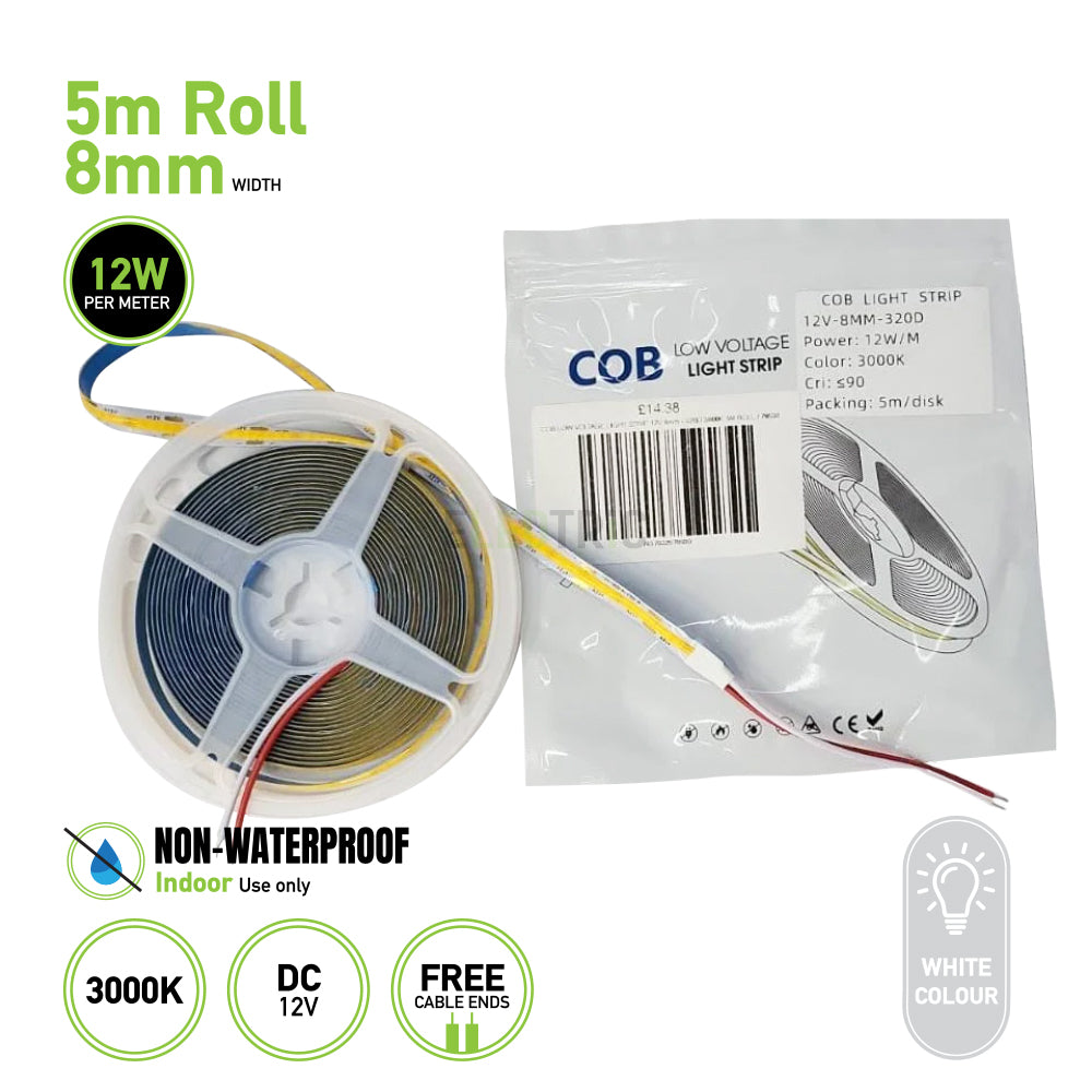 5m Roll COB Low Voltage Light Strip 12V 8mm