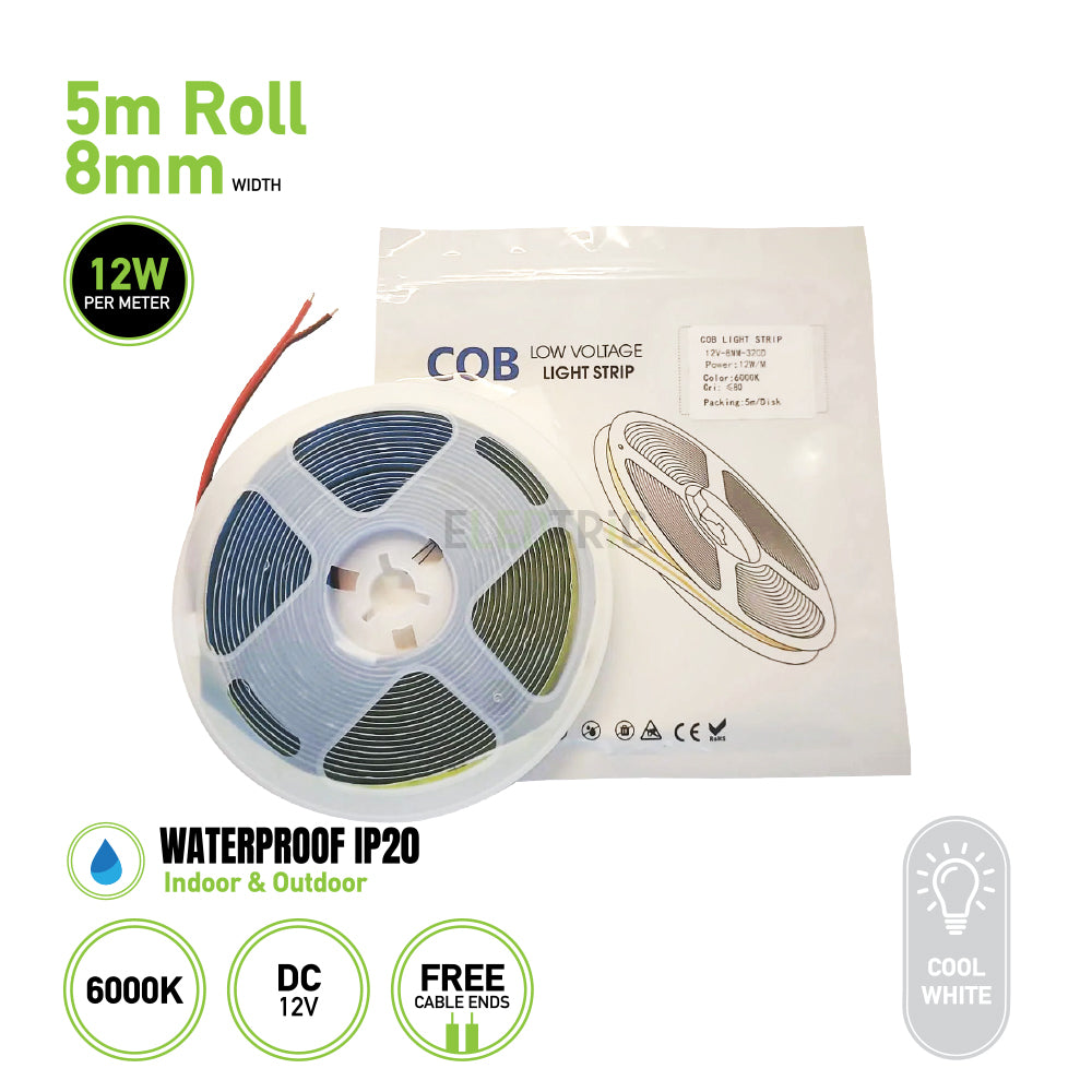 5m Roll COB Low Voltage Light Strip 12V 8mm