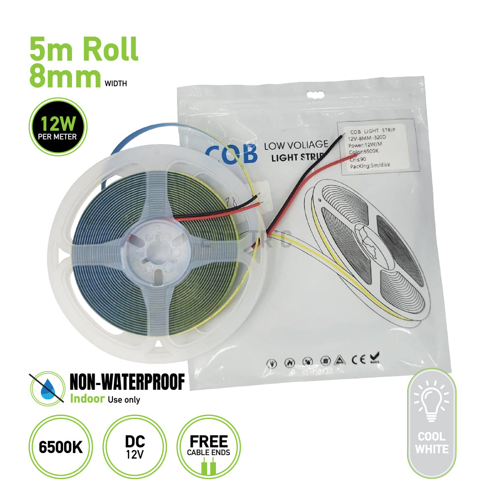 5m Roll COB Low Voltage Light Strip 12V 8mm