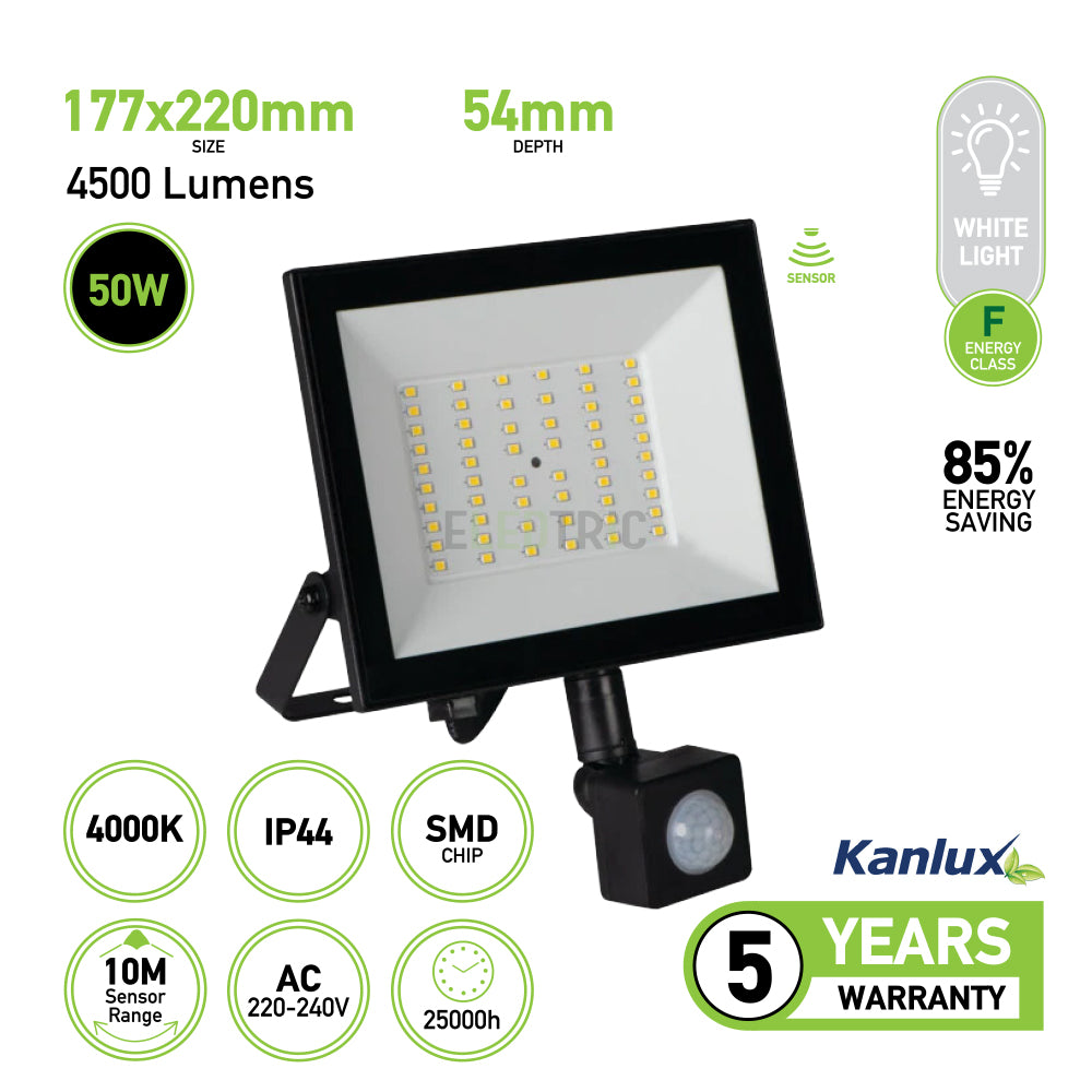 50W LED Security Floodlight Outdoor with Motion Sensor - Black, 4500 Lumens, IP44