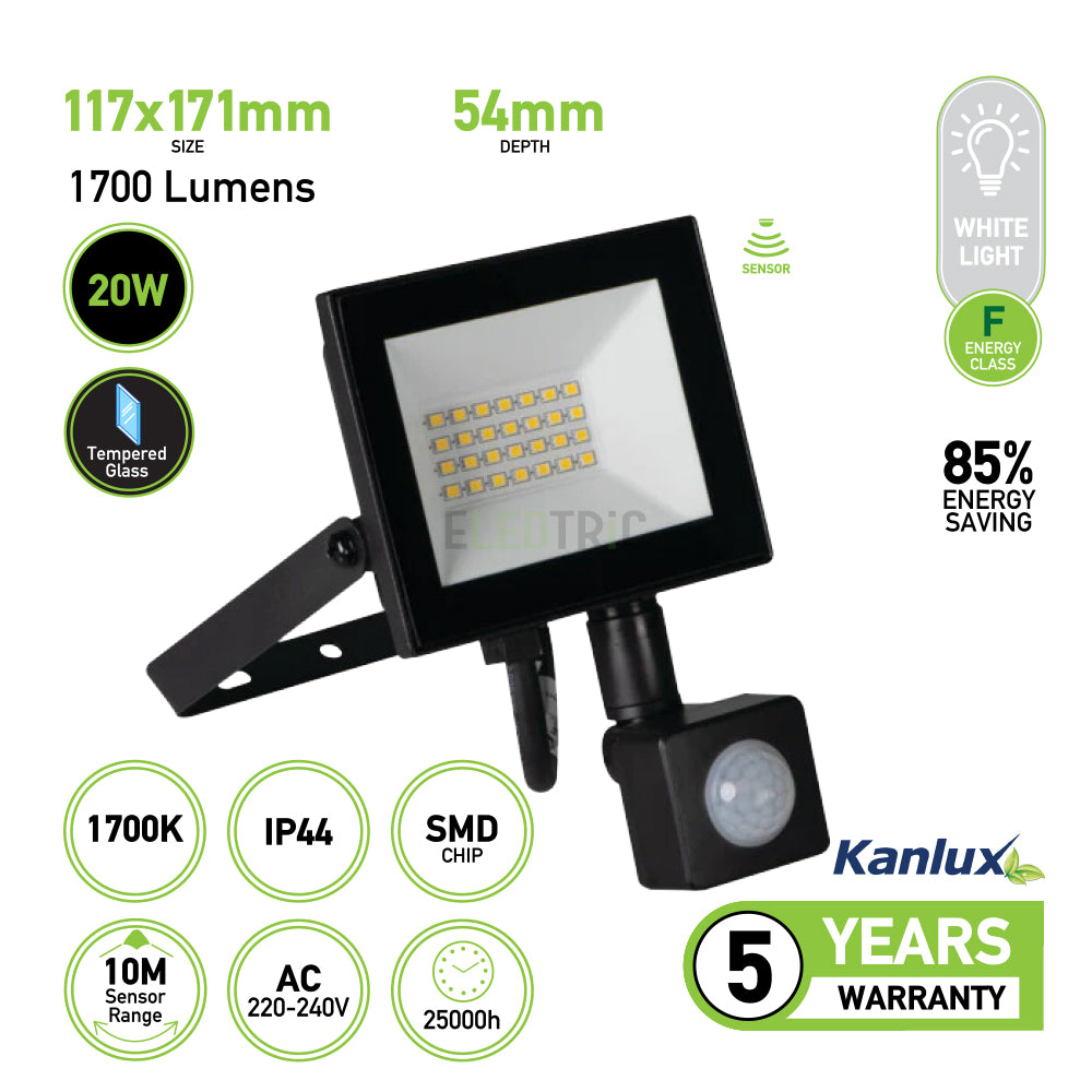20W LED Security Floodlight Outdoor with Motion Sensor - Black, IP44, 1700 Lumens