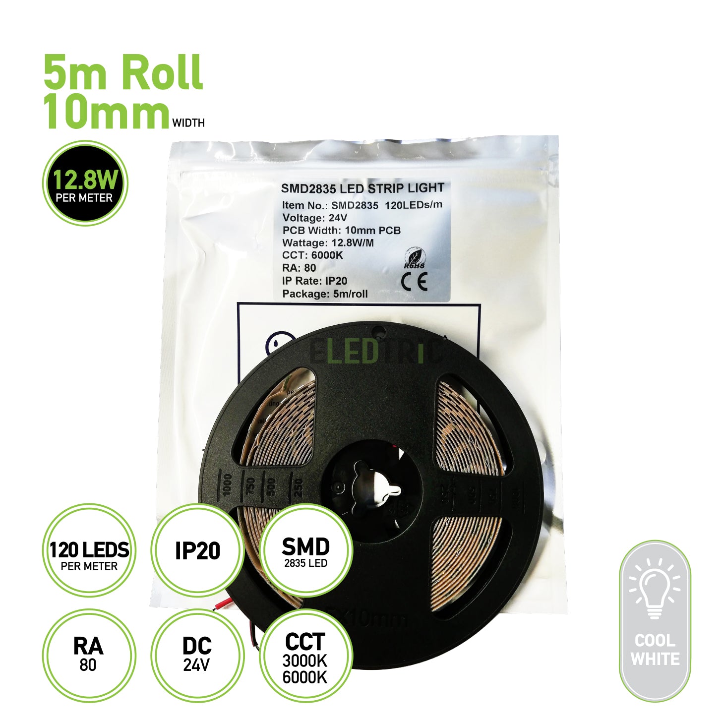 SMD 2835 LED Strip Light 5m Roll 3000 / 6000K