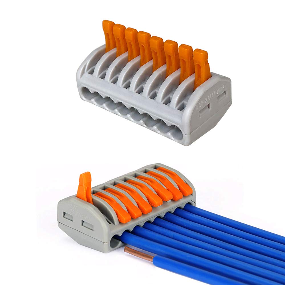 50x 8-Port Reusable Spring Lever Terminal Blocks - Compact Wire Connectors 32A